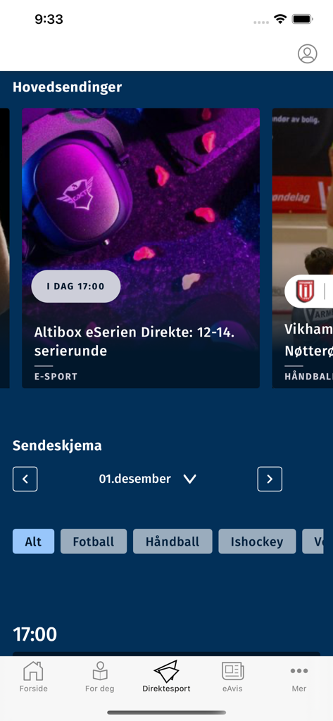 Oberfläche der Jærbladet Nyheter App mit Live-Sportübertragungen und Veranstaltungsplänen für lokale Ereignisse.