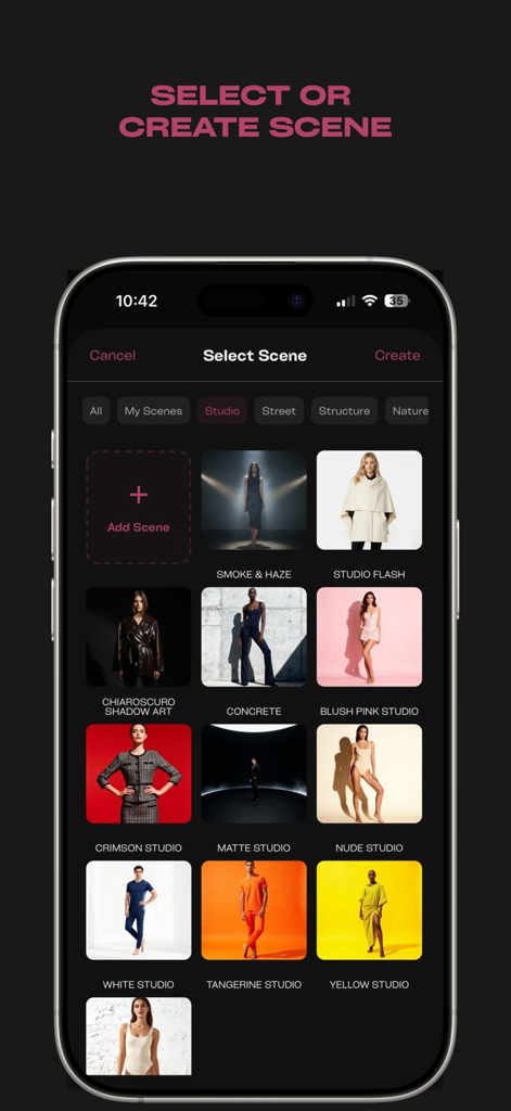 Smartphone screen showing the Modio app with various studio and urban background options for AI fashion models