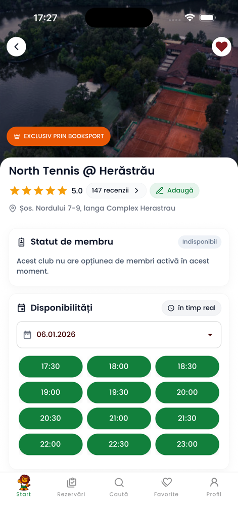 Booksport - Interface do aplicativo móvel Booksport mostrando disponibilidade de quadra de tênis e horários de reserva