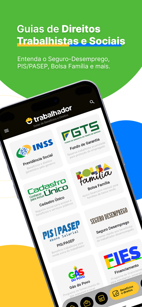O Trabalhador: Direitos, Vagas - Oberfläche der O Trabalhador App mit Leitfäden zu brasilianischen Arbeitsrechten und Sozialleistungen wie INSS und FGTS.