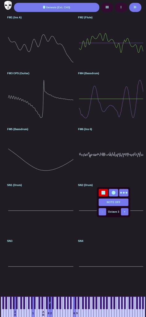 DefleMask Mobile interface showing real-time waveforms for individual sound channels of a Sega Genesis emulator.