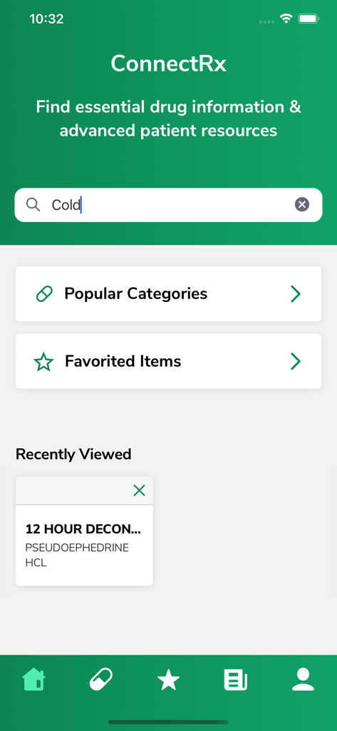 Home screen of the COSA medication information app featuring a search bar for drugs and popular categories.