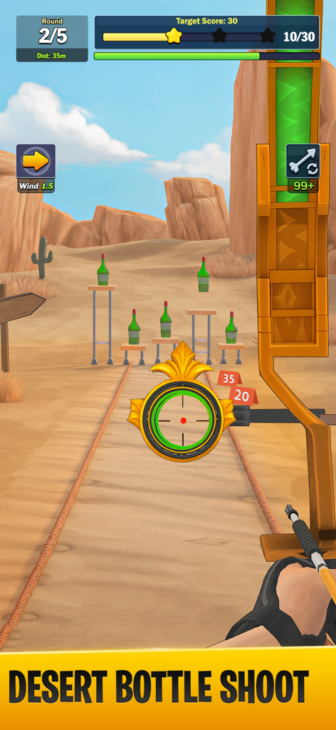 Vue à la première personne d'un archer visant un arc sur des bouteilles vertes dans un champ de tir à l'arc dans le désert.