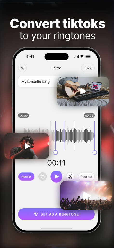 VibeCall - Ringtone Maker - Interfaz de la app VibeCall mostrando el editor de tonos de llamada con forma de onda de audio y clips de video