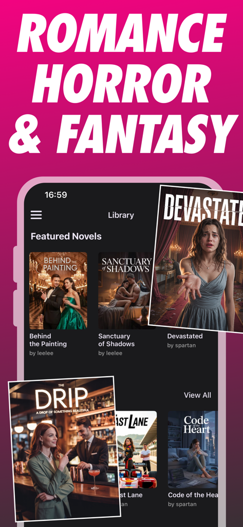 Jupi Novels & Booktok - Ein Bibliotheksbildschirm der Jupi Novels App, der empfohlene Buchcover aus den Genres Romantik, Horror und Fantasy anzeigt.