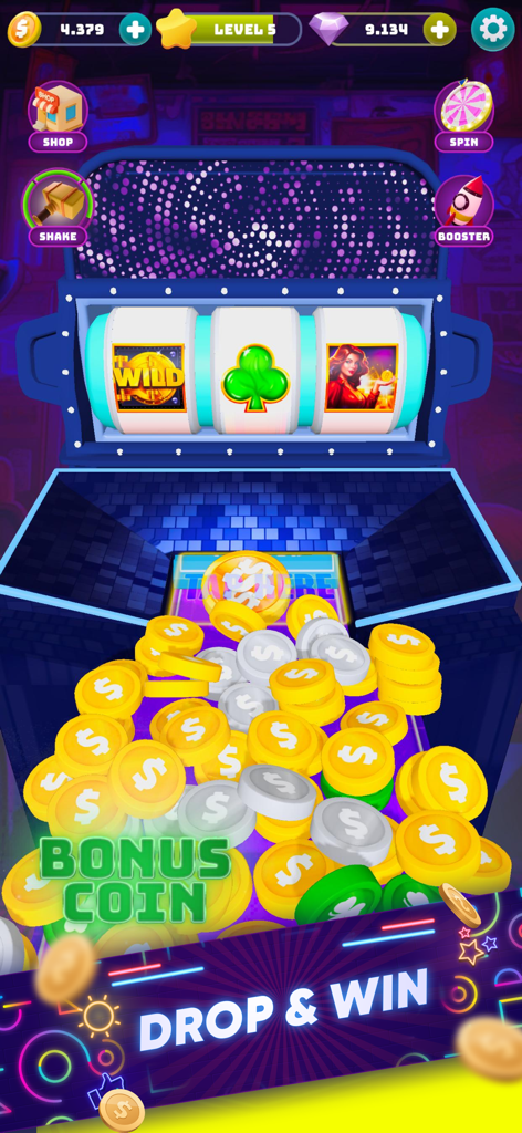 Pusher Master - Coin Fest - Captura de pantalla del juego de Pusher Master Coin Fest que muestra monedas de oro cayendo y una función de máquina tragamonedas