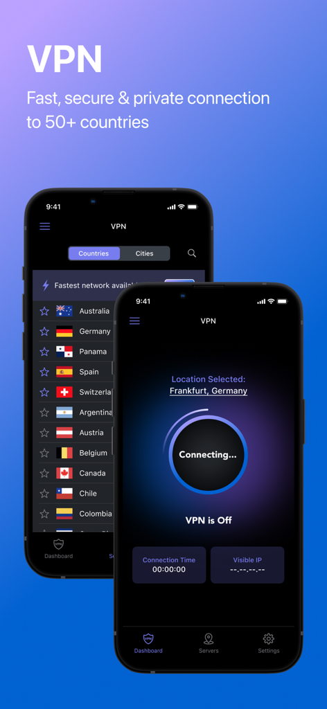 Private Browser Deluxe - Private Browser Deluxe app VPN interface showing server list and connection status