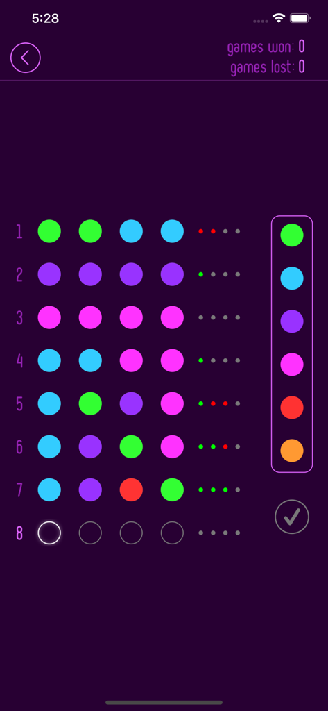 Minimalist interface of a code-breaking logic puzzle game with rows of colored circles and deduction feedback dots.