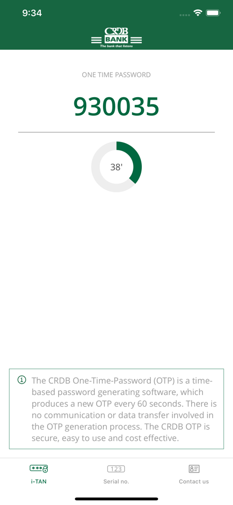 CRDB Bank mobile app interface showing a six digit one time password and a circular countdown timer