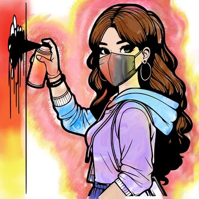 realistic girl with mask spray painting a wall