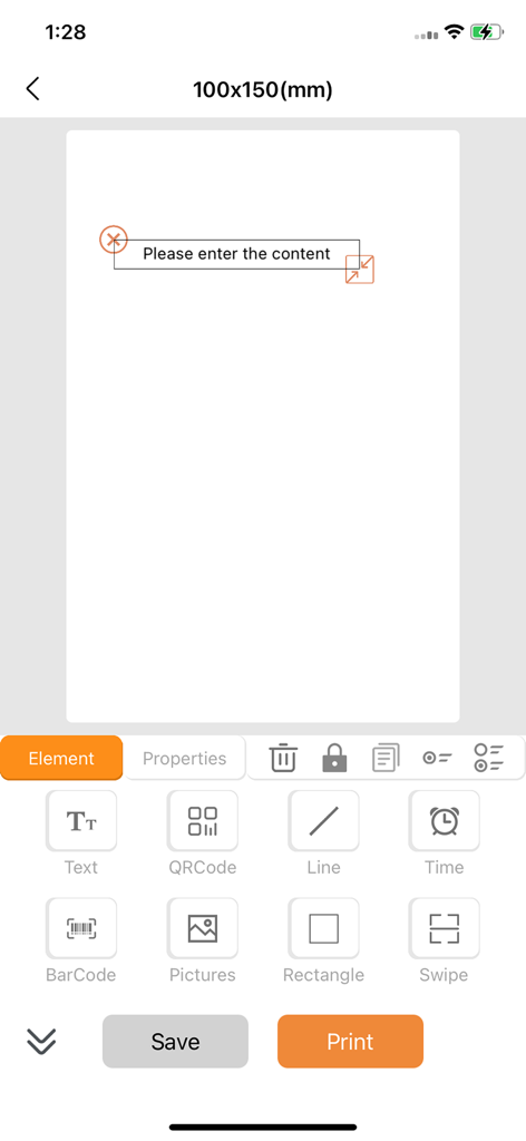 RT Elabel mobile app screen showing custom label editing tools for a 100x150mm layout