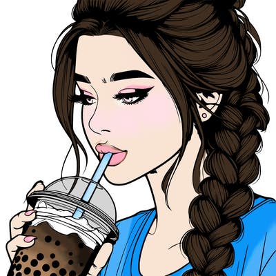 realistic girl drinking boba tea with braided hair