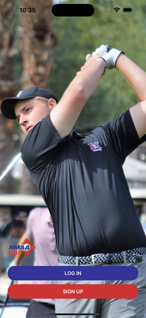 NMAA Golf - NMAA Golf app login and sign up screen featuring a high school golfer mid swing