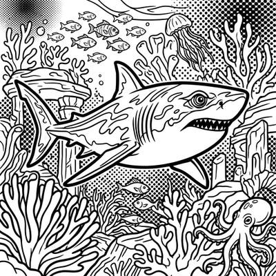 Journey to the depths with this captivating Megalodon coloring page, rendered in an exciting Pop Art style. Unleash your creativity on a prehistoric shark in its vibrant, dot-patterned habitat.