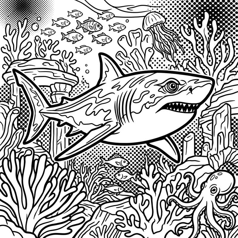 Journey to the depths with this captivating Megalodon coloring page, rendered in an exciting Pop Art style. Unleash your creativity on a prehistoric shark in its vibrant, dot-patterned habitat.