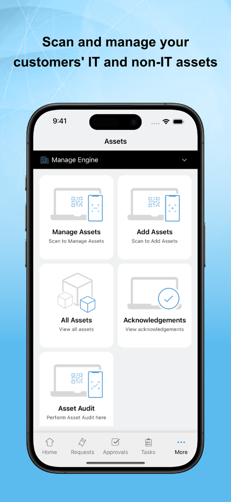 Interface de gestion des actifs de ServiceDesk Plus MSP montrant les options de scan, d'ajout et d'audit des actifs TI