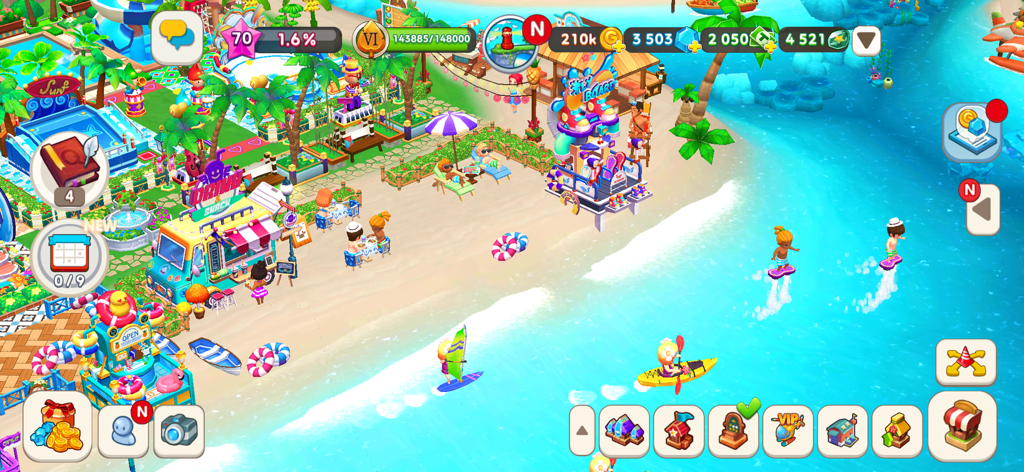 My Little Paradise: Island Sim - Una colorida escena de resort de playa tropical en My Little Paradise que muestra a los huéspedes surfeando y relajándose cerca de un camión de bocadillos.