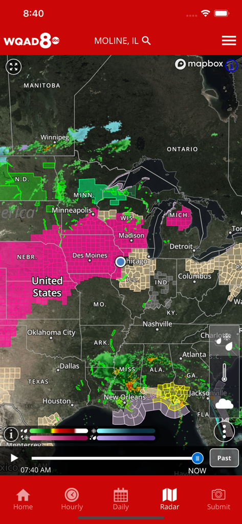 High resolution weather radar map of the Midwest showing storm tracking and severe weather alerts in the WQAD Storm Track 8 app