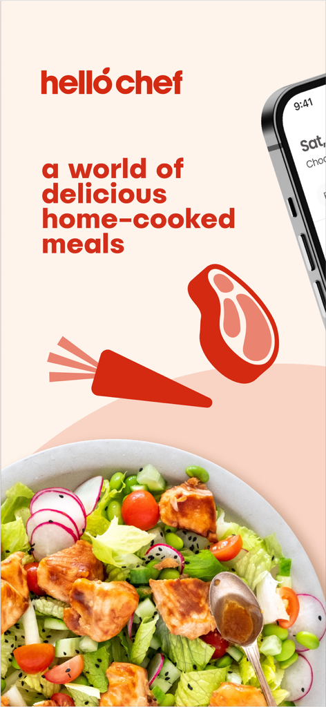 Hello Chef: Meal Kit & Recipes - Hello Chef app interface with a chicken salad and home cooked meals slogan