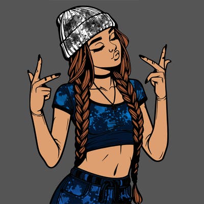 realistic teenage girl with braids and a beanie and crop top doing 🫶🏼