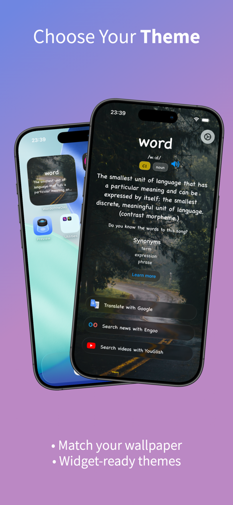 iPhone screen showing aesthetic background themes for the Word of the Day widget and app interface