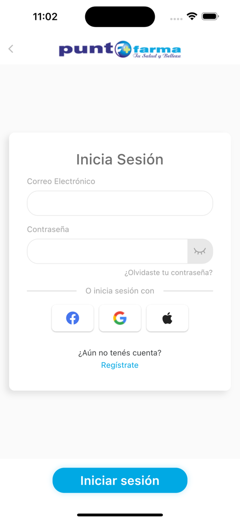 Login screen of the PuntoFarma app with options for email password and social media login