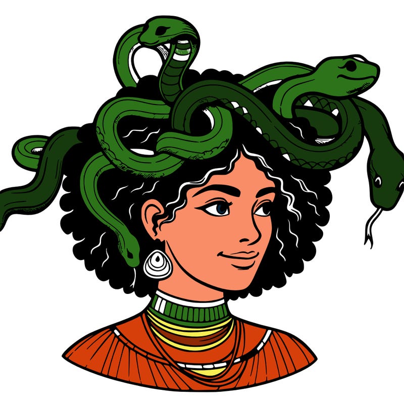 realistic woman snakes on head