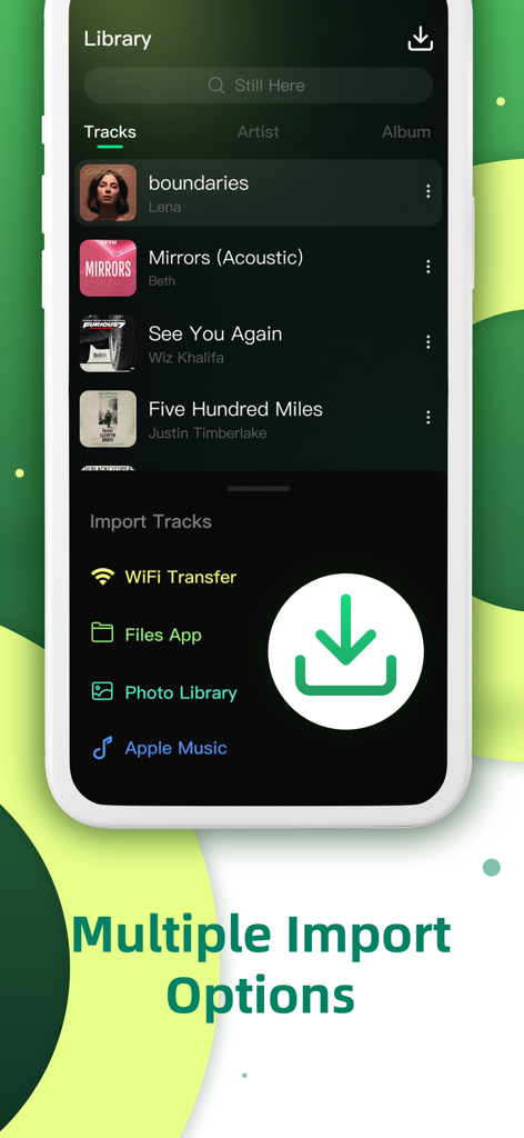 Offline Music Player MP3 Stube - Interface of the Offline Music Player app showing various import methods such as WiFi Transfer and Files App