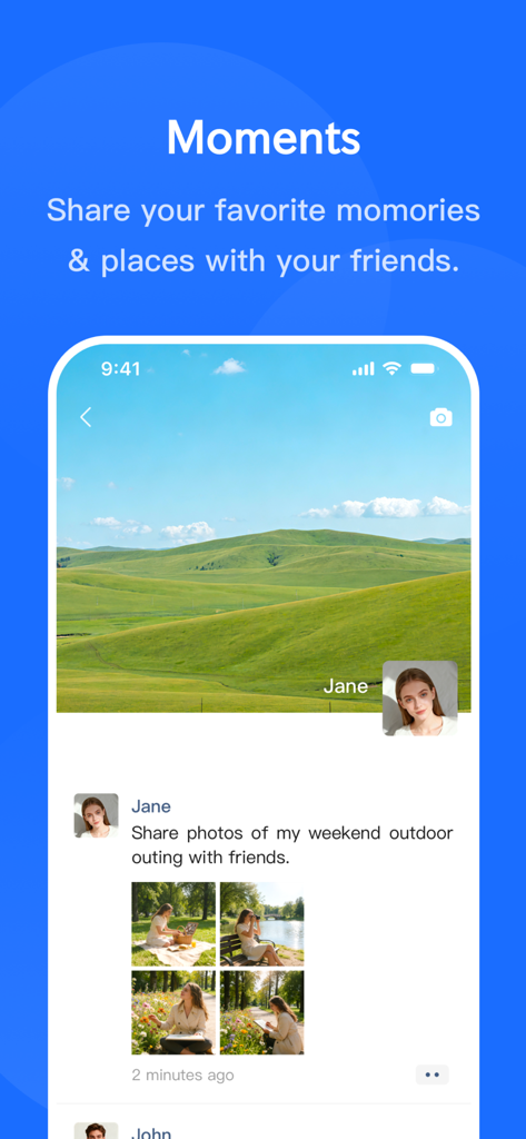 BFF Messenger - Private Chat - BFF Messenger App-Oberfläche, die die Funktion 'Moments' zeigt, bei der Benutzer private Fotos und soziale Updates teilen
