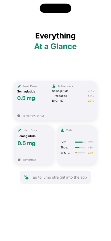 CalcPep app widgets showing next dose reminders and active vial status for peptide medications