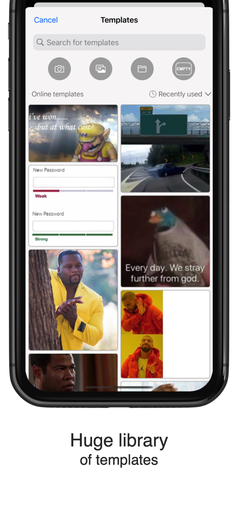 Interface de l'application Meme Generator montrant une bibliothèque de modèles de mèmes populaires et une barre de recherche