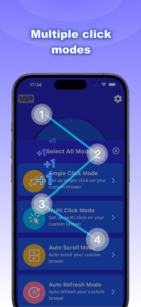 Interfaz de la aplicación Auto Clicker que muestra múltiples modos de clic y una secuencia de múltiples clics personalizada en un iPhone.