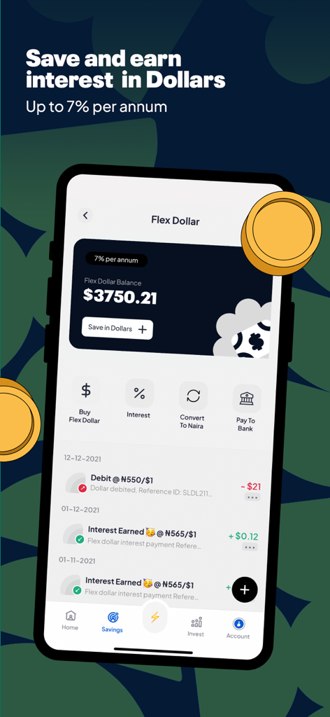 PiggyVest app interface showing a Flex Dollar balance of 3750 dollars and interest earning options