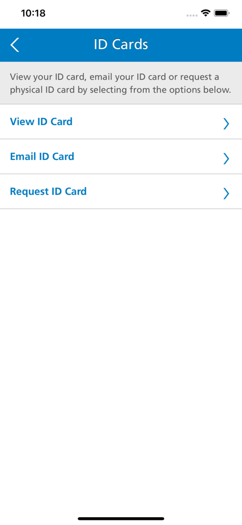 MetLife Worldwide Benefits - メットライフ・ワールドワイド・ベネフィッツのIDカード画面。カードの表示、メール送信、リクエストのオプションがあります。