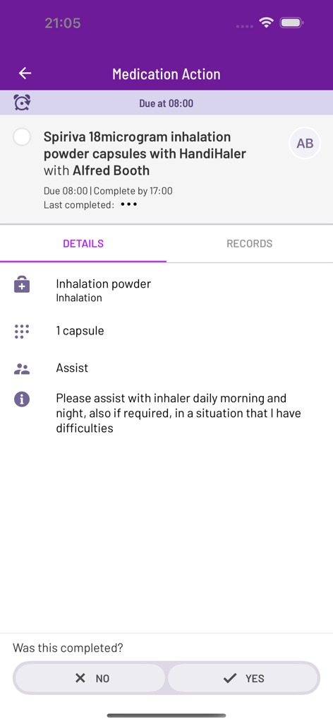 PASSforcare app screen showing a medication administration task for a patient with dosage details and a completion prompt.