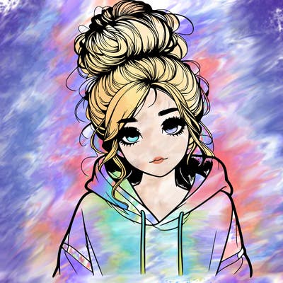 realistic girl with a massy bun and a hoodie