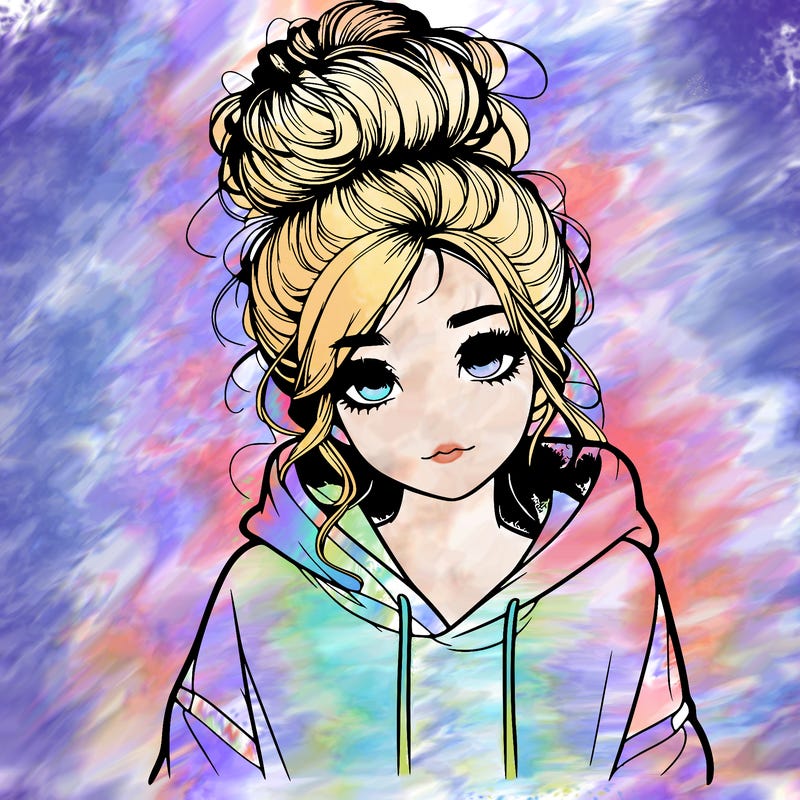realistic girl with a massy bun and a hoodie