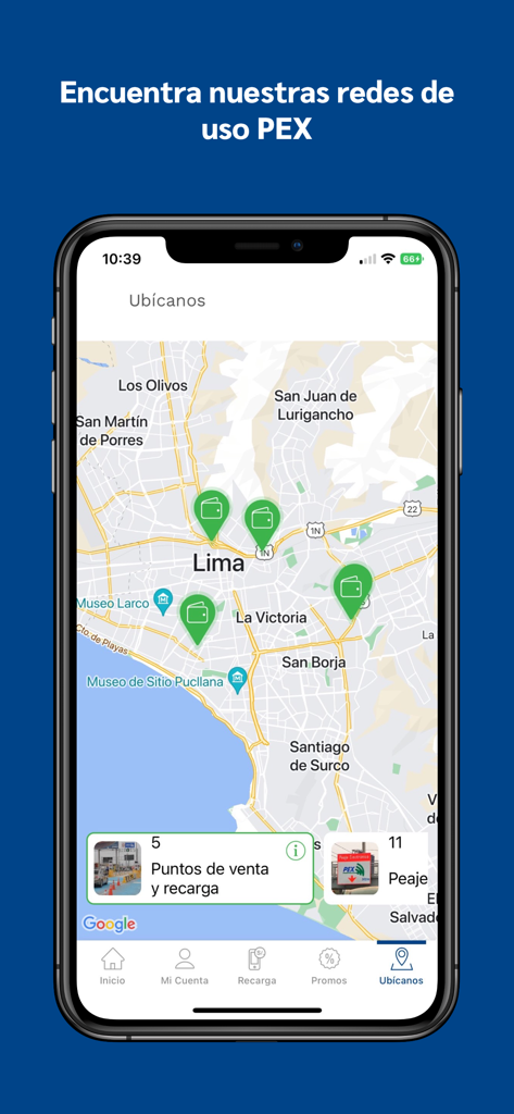 PEX PERU - PEX PERU app interface showing a map of Lima with toll payment and recharge locations