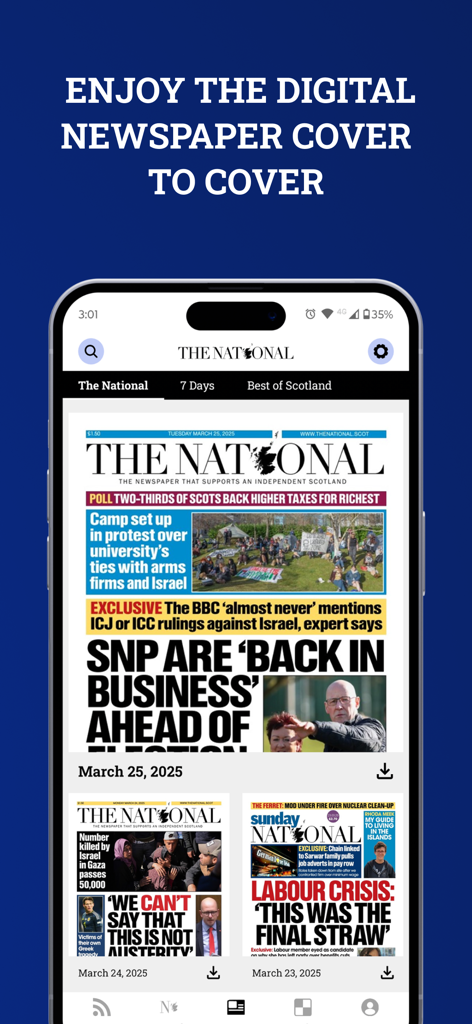 Interfaz de la aplicación The National mostrando portadas de periódicos digitales diarios y titulares de noticias escocesas.