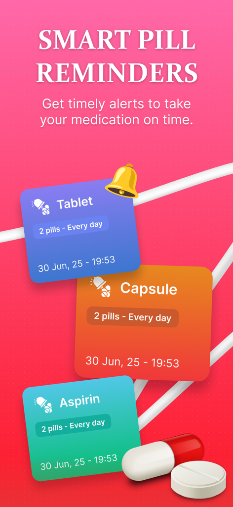 Smart BP & Heart Rate Monitor - Interface showing smart pill reminders for daily medication tracking