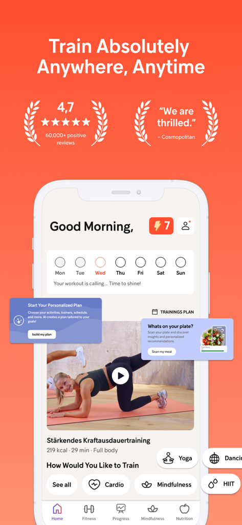 A mobile app interface for Gymondo showing a home workout video, personalized training plans, and fitness categories like yoga and HIIT