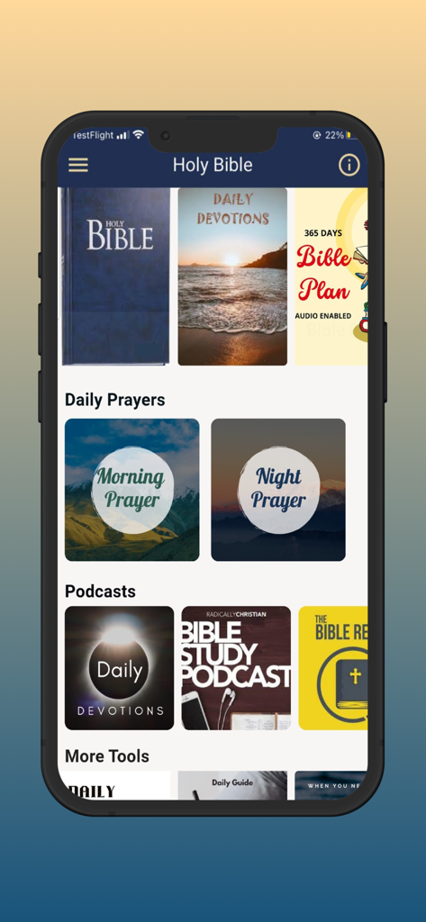 Bible: with study tools - Bible app interface showing daily prayers devotions and study podcasts