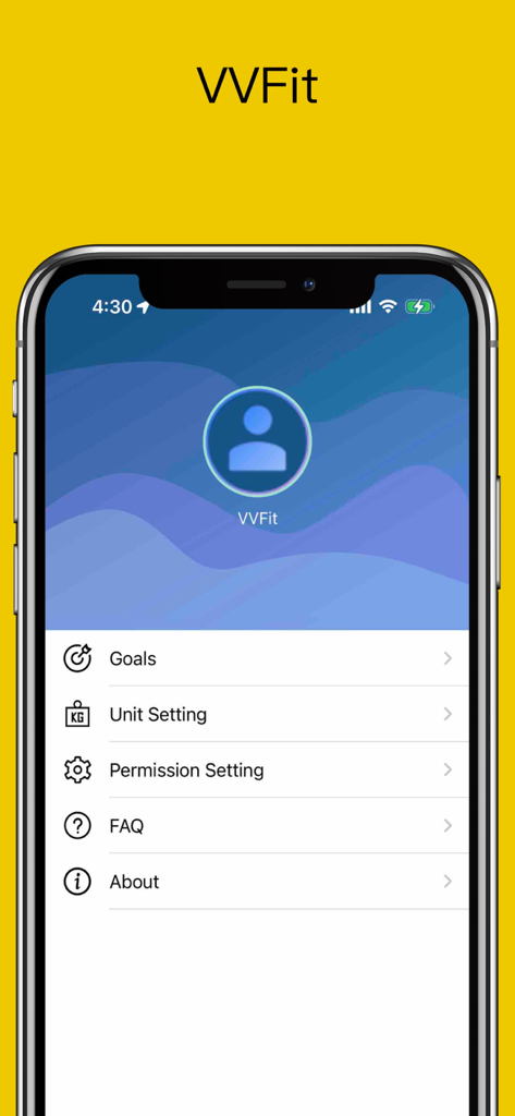 VVFit - VVFit mobile app settings screen showing menu options for goals unit settings and permissions on an iPhone.