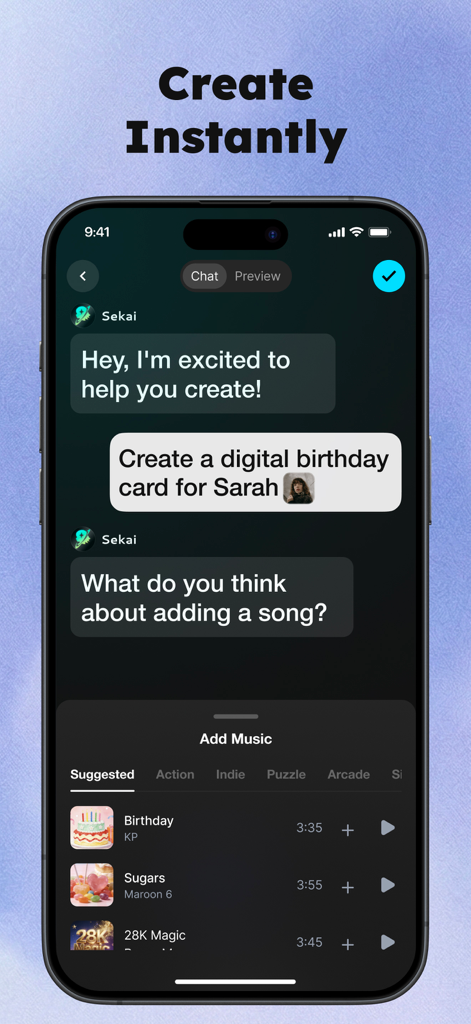 Sekai app chat interface showing AI-assisted creation of a digital birthday card with music selection.
