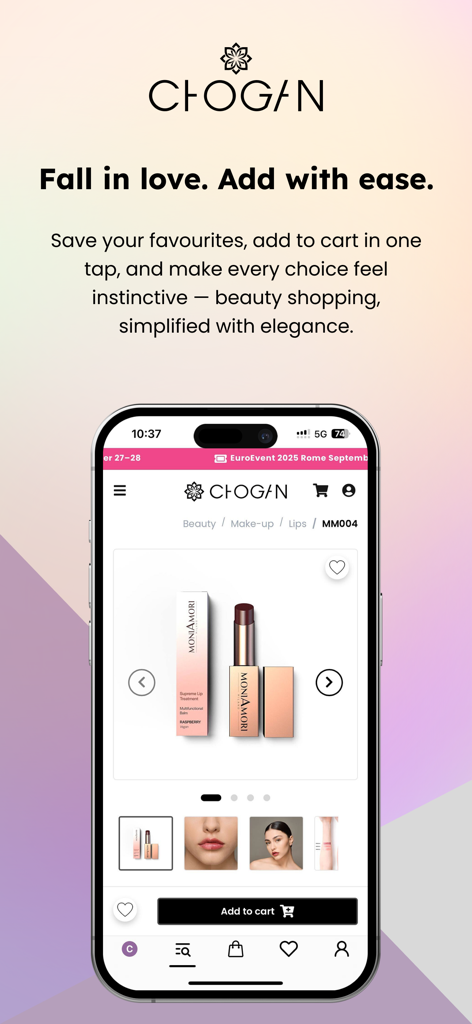Chogan Group – Official App - Smartphone screen displaying the Chogan Group app with a makeup product page for a lip treatment