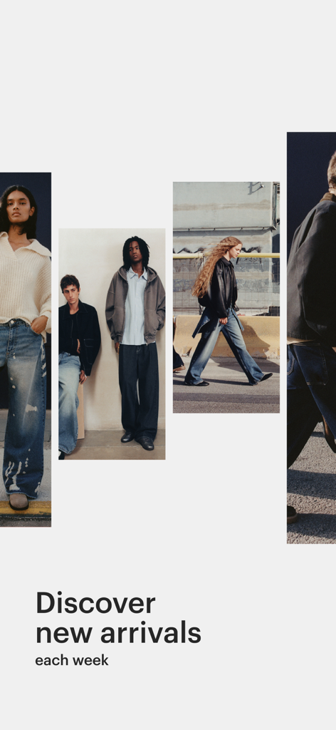 Fotos de moda editoriais de homens e mulheres a usar streetwear com o texto Descubra novidades todas as semanas