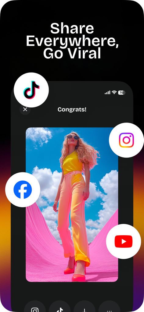 Yeah: AI Dance Video Generator - Pantalla de la app mostrando opciones para compartir videos de baile generados por IA en TikTok, Instagram, Facebook y YouTube.