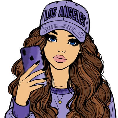 realistic beautiful girl wearing los ángeles cap holding an iphone