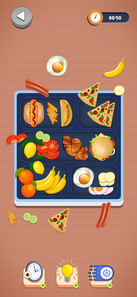 Perfect Organizing: Tidy Games - Captura de pantalla del juego móvil que muestra varios alimentos siendo organizados en una bandeja azul