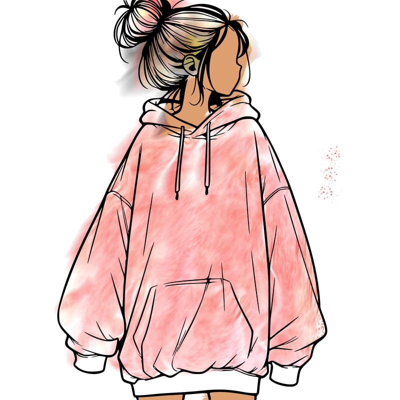 realistic girl with a oversized sweatshirt on and a bun